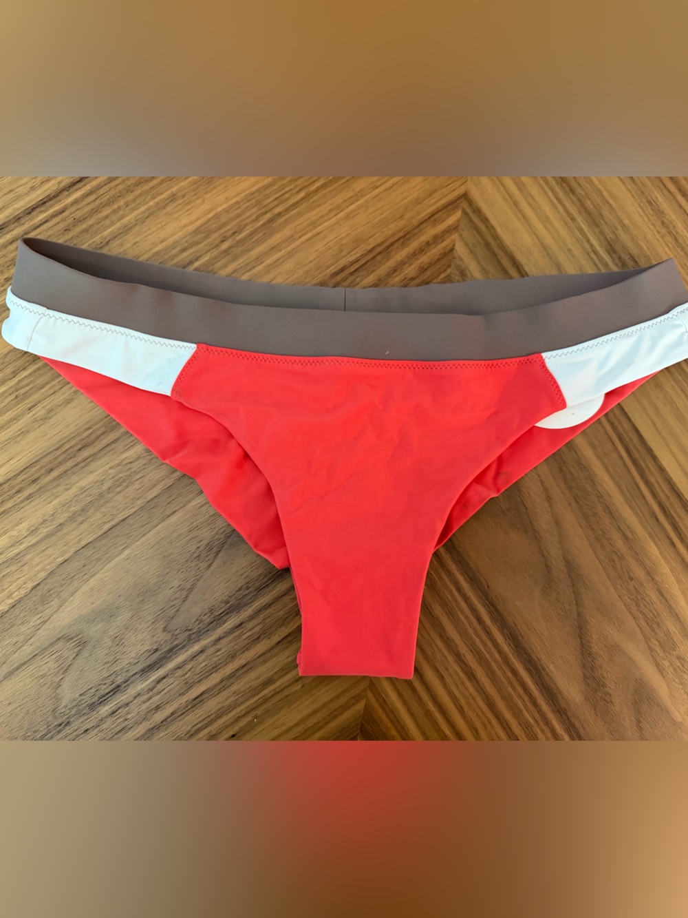 Women’s Colorblock Red Bikini Bottom with Taupe Waistband